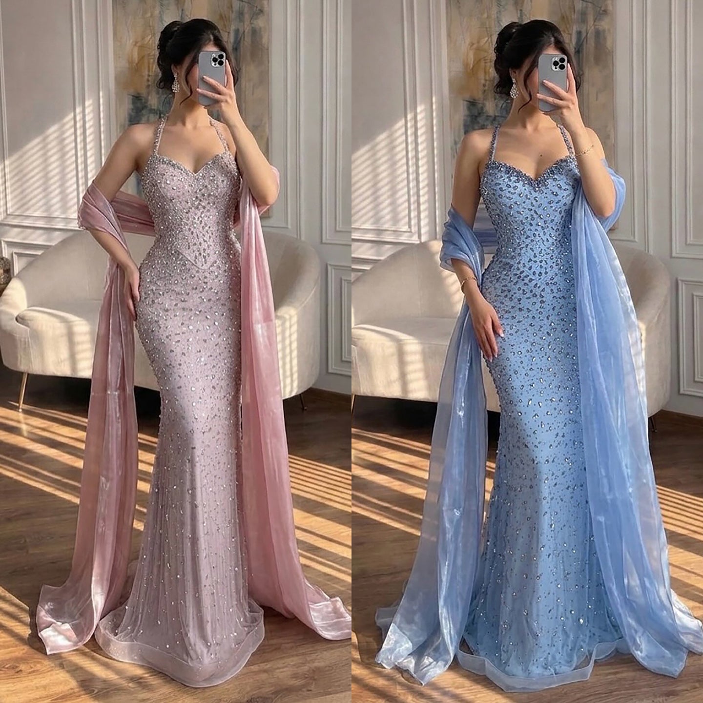 Luxury Blue Diamond Halter Evening Dress With Cape CLA73471