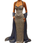 Luxury Blue Diamond Halter Evening Dress With Cape CLA73471