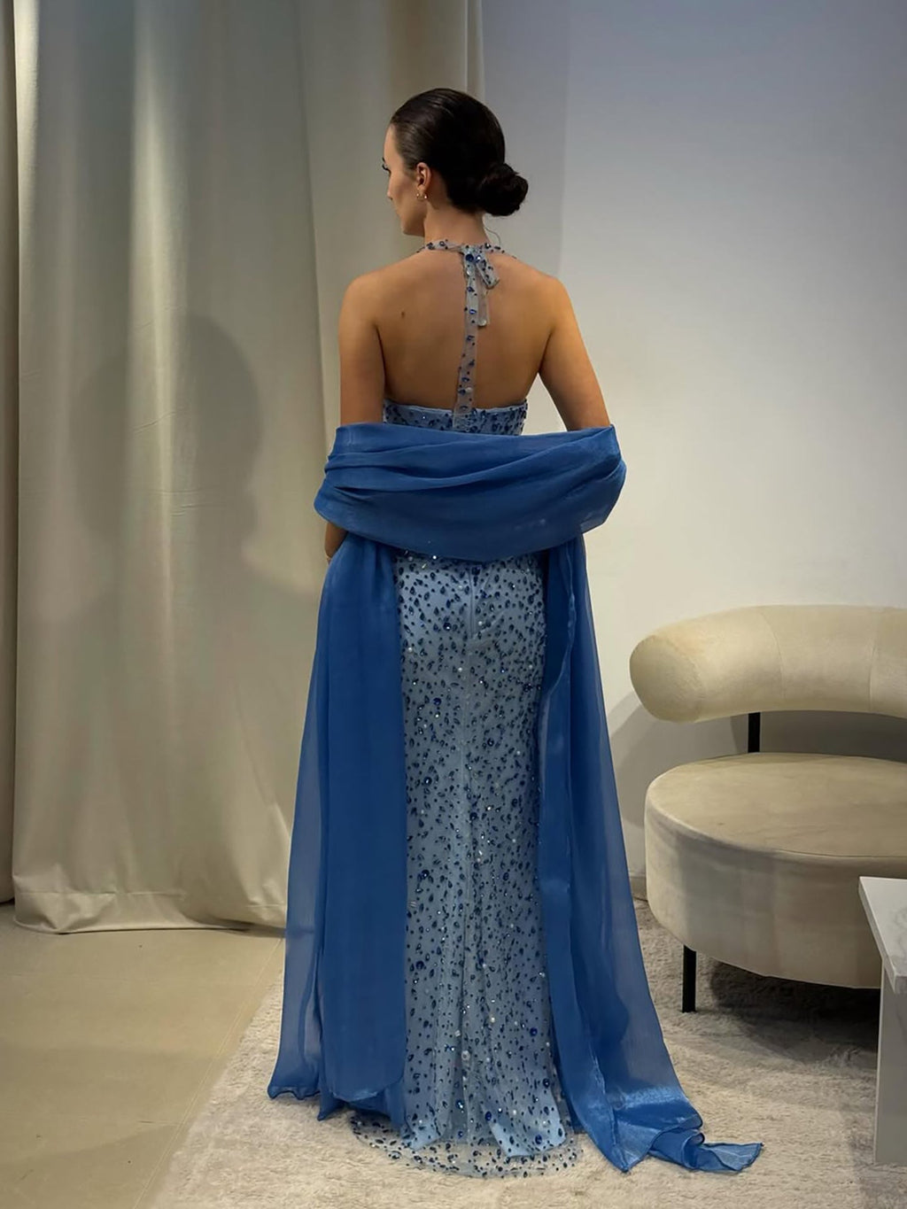 Luxury Blue Diamond Halter Evening Dress With Cape CLA73471