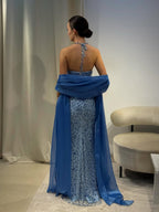 Luxury Blue Diamond Halter Evening Dress With Cape CLA73471