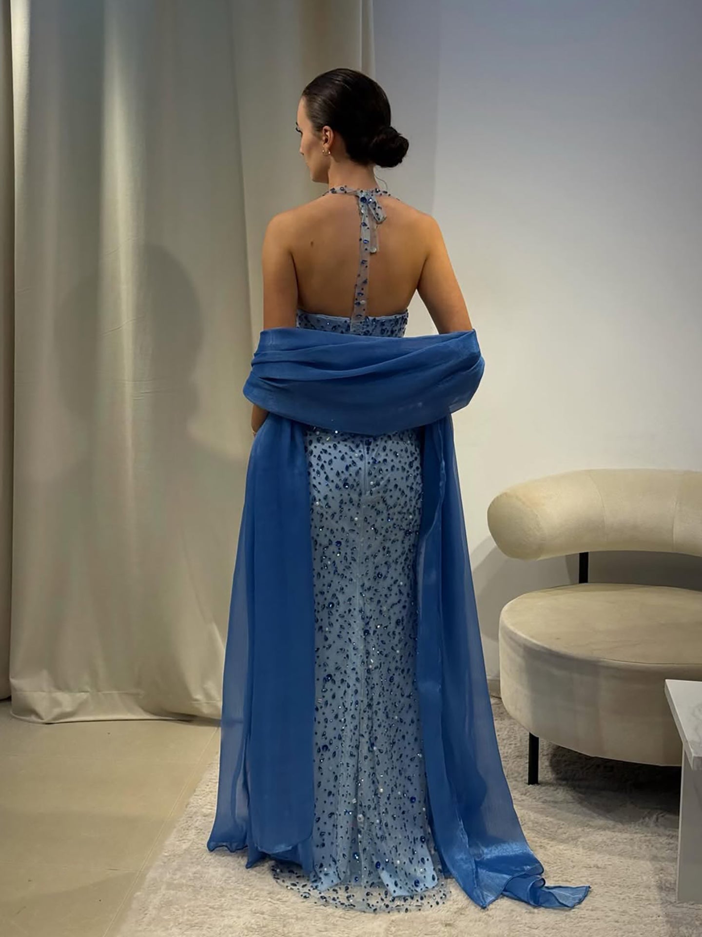 Luxury Blue Diamond Halter Evening Dress With Cape CLA73471