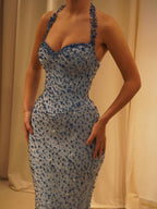 Luxury Blue Diamond Halter Evening Dress With Cape CLA73471