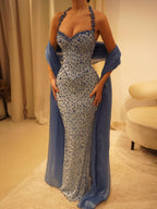 Luxury Blue Diamond Halter Evening Dress With Cape CLA73471