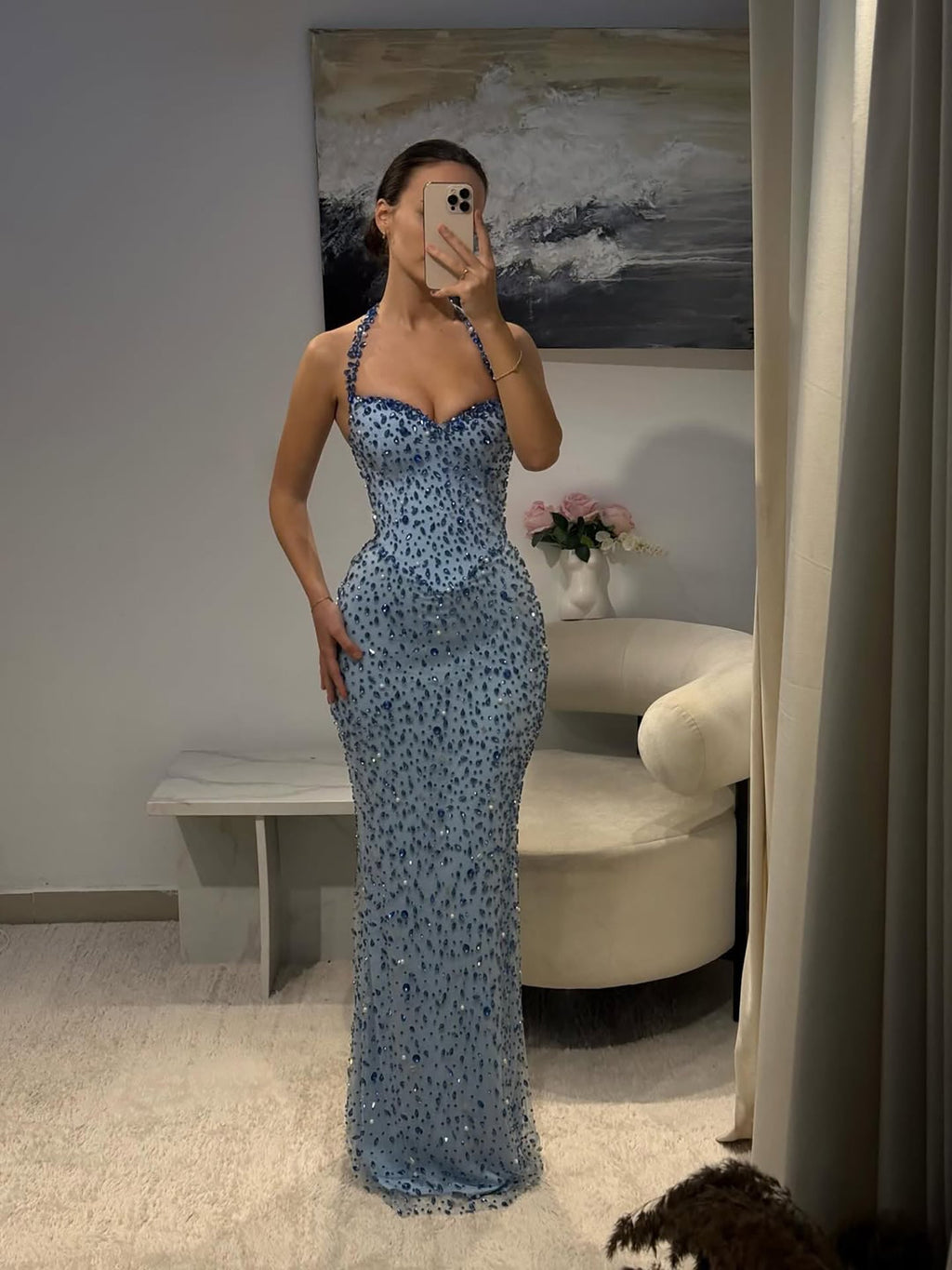 Luxury Blue Diamond Halter Evening Dress With Cape CLA73471