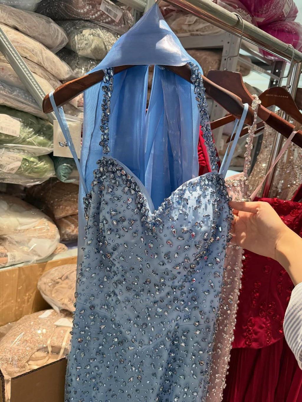 Luxury Blue Diamond Halter Evening Dress With Cape CLA73471