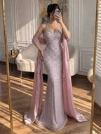 Luxury Blue Diamond Halter Evening Dress With Cape CLA73471