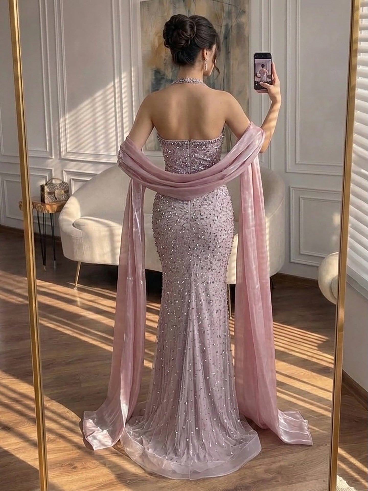 Luxury Blue Diamond Halter Evening Dress With Cape CLA73471