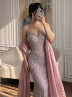 Luxury Blue Diamond Halter Evening Dress With Cape CLA73471