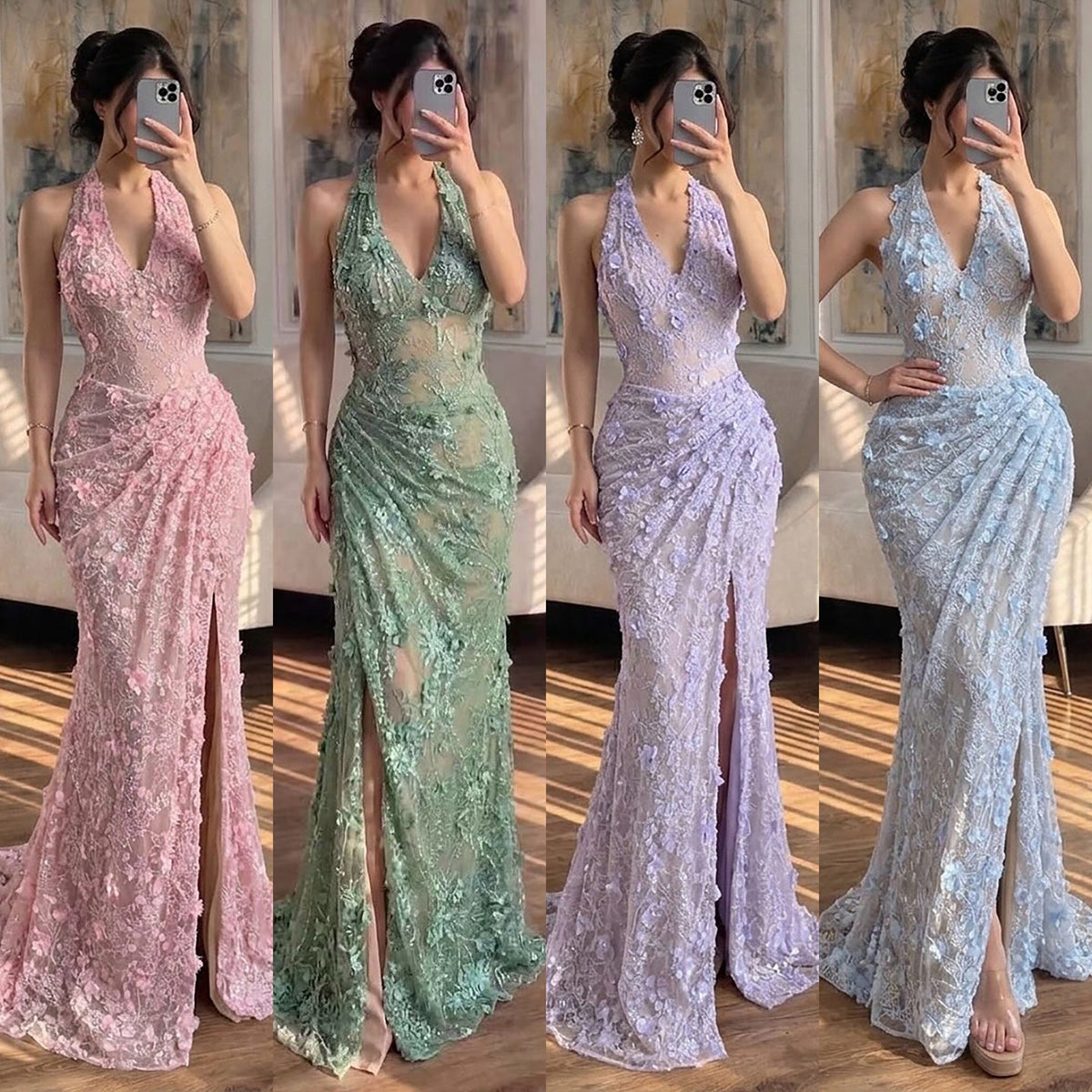 Luxury Sage Green Floral Halter Evening Dress With Slit Elegant For Women Party CLA73472