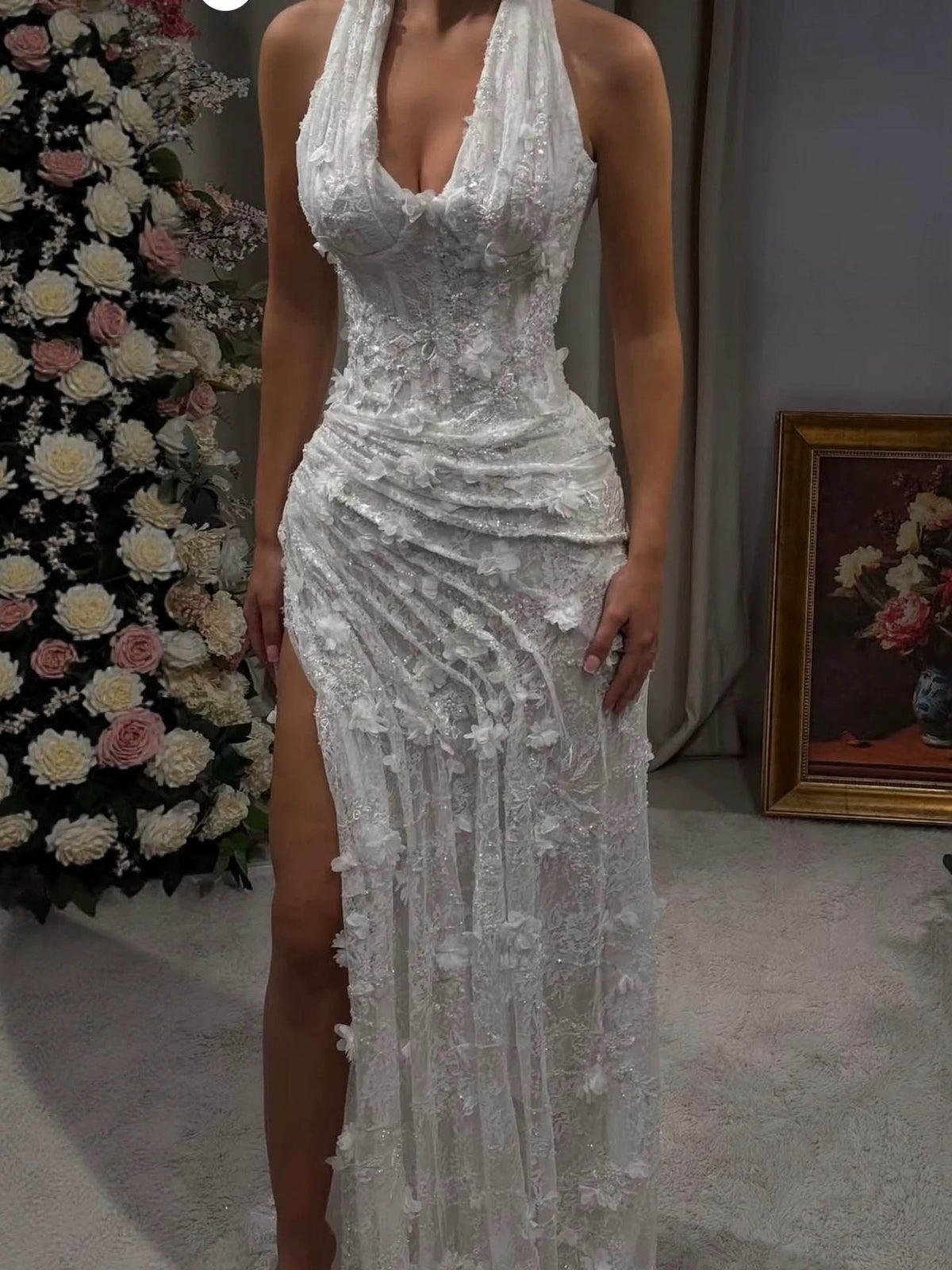 Luxury Sage Green Floral Halter Evening Dress With Slit Elegant For Women Party CLA73472