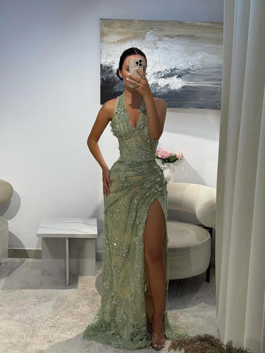 Luxury Sage Green Floral Halter Evening Dress With Slit Elegant For Women Party CLA73472