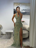 Luxury Sage Green Floral Halter Evening Dress With Slit Elegant For Women Party CLA73472