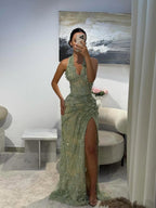 Luxury Sage Green Floral Halter Evening Dress With Slit Elegant For Women Party CLA73472