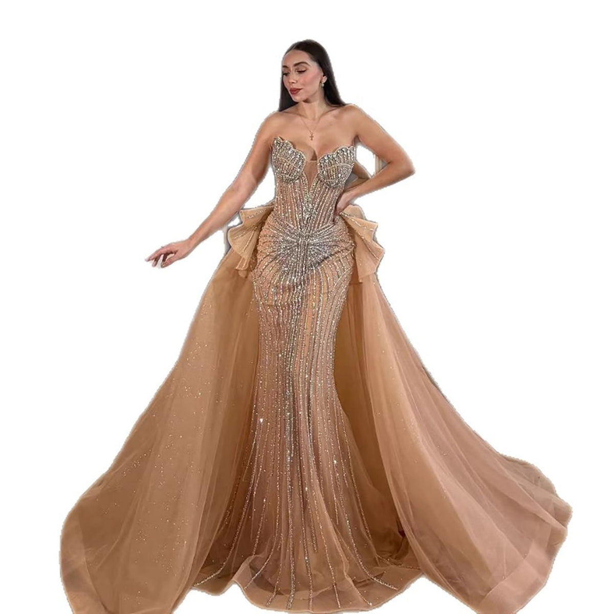 Arabic Luxury Beaded Strapless Mermaid With Overskirt Evening Dress CLA73474
