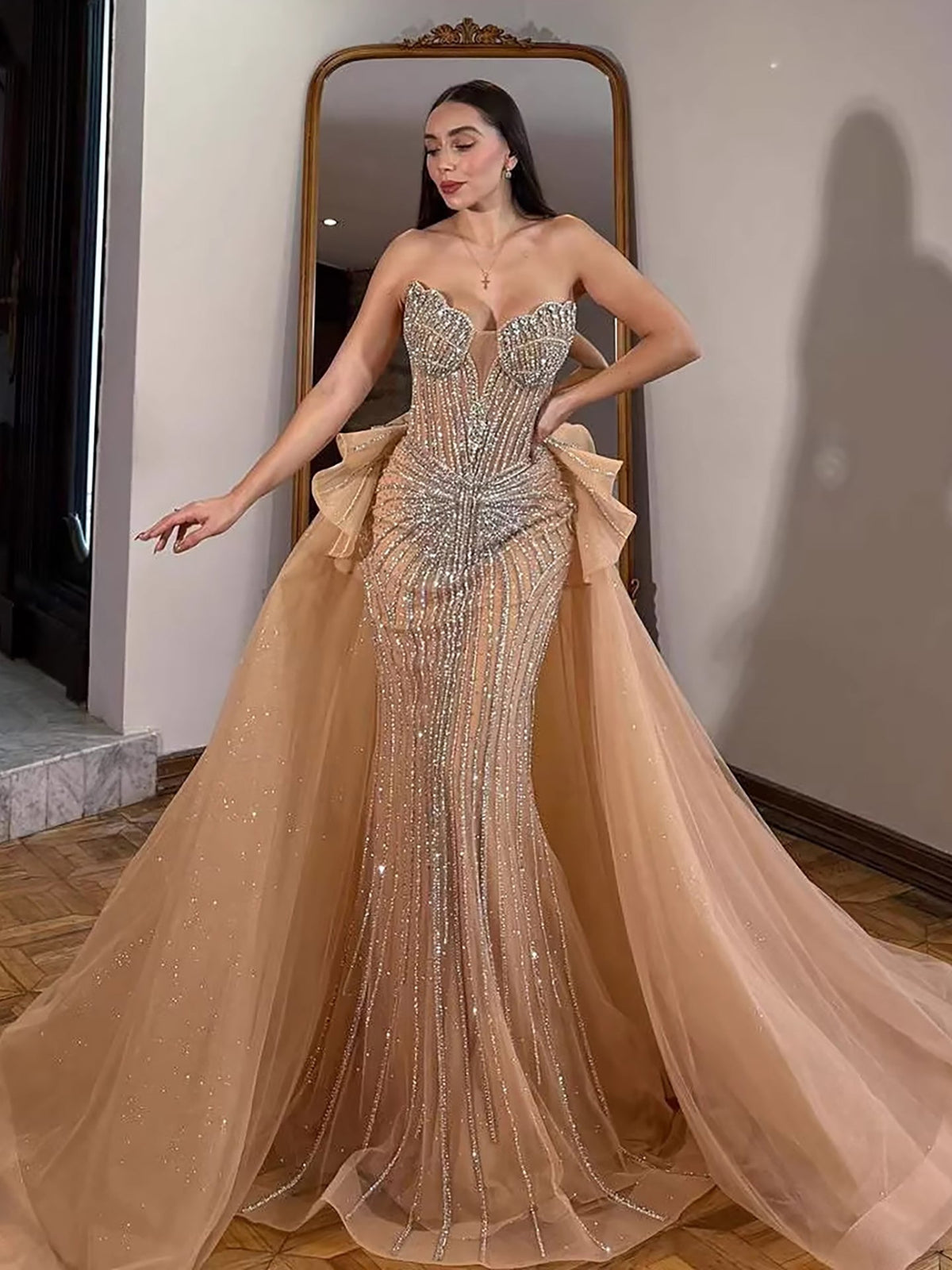 Arabic Luxury Beaded Strapless Mermaid With Overskirt Evening Dress CLA73474