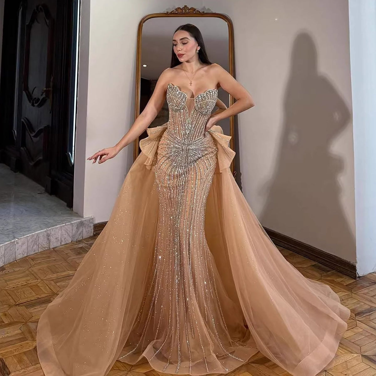Arabic Luxury Beaded Strapless Mermaid With Overskirt Evening Dress CLA73474