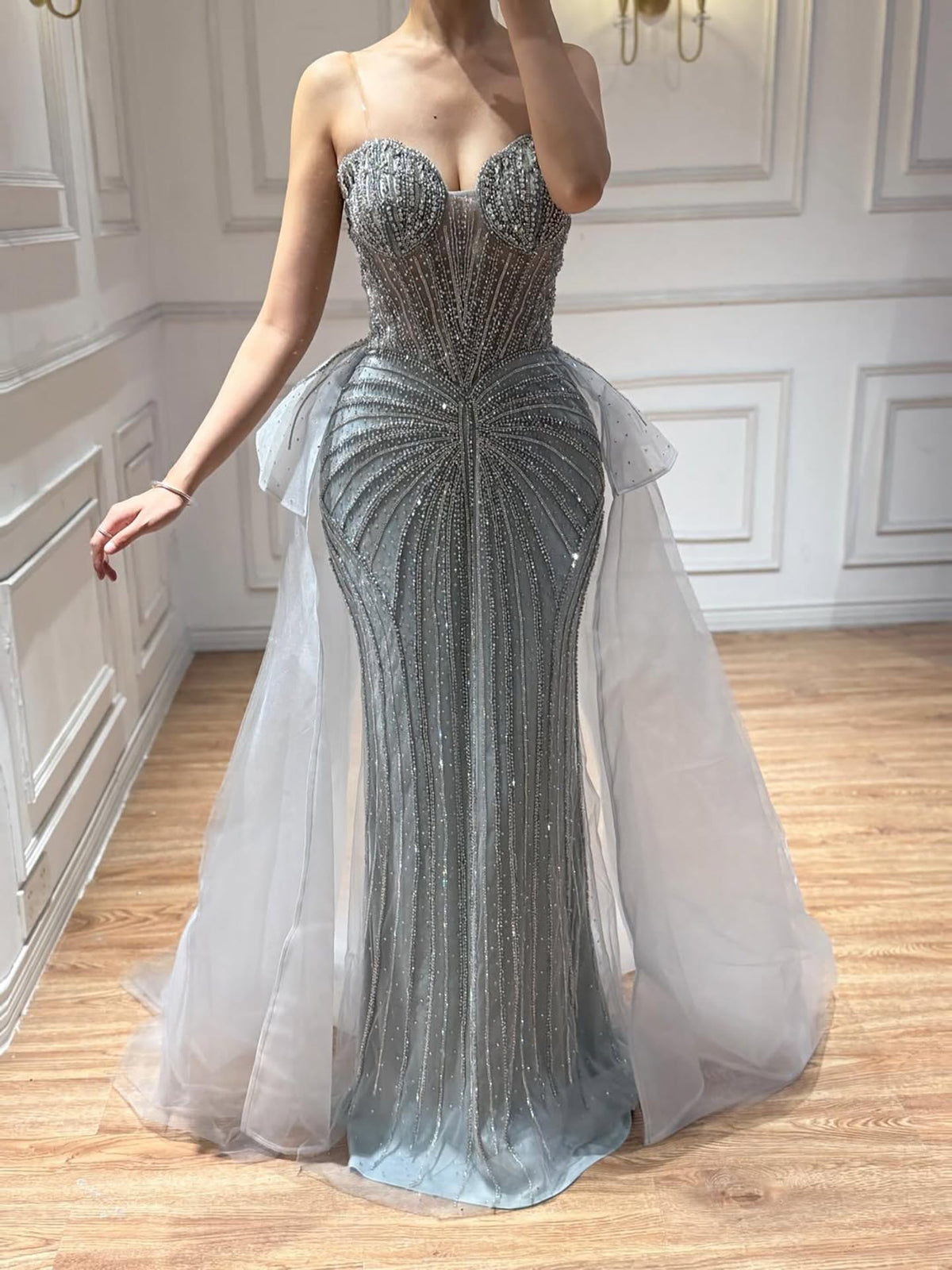 Arabic Luxury Beaded Strapless Mermaid With Overskirt Evening Dress CLA73474