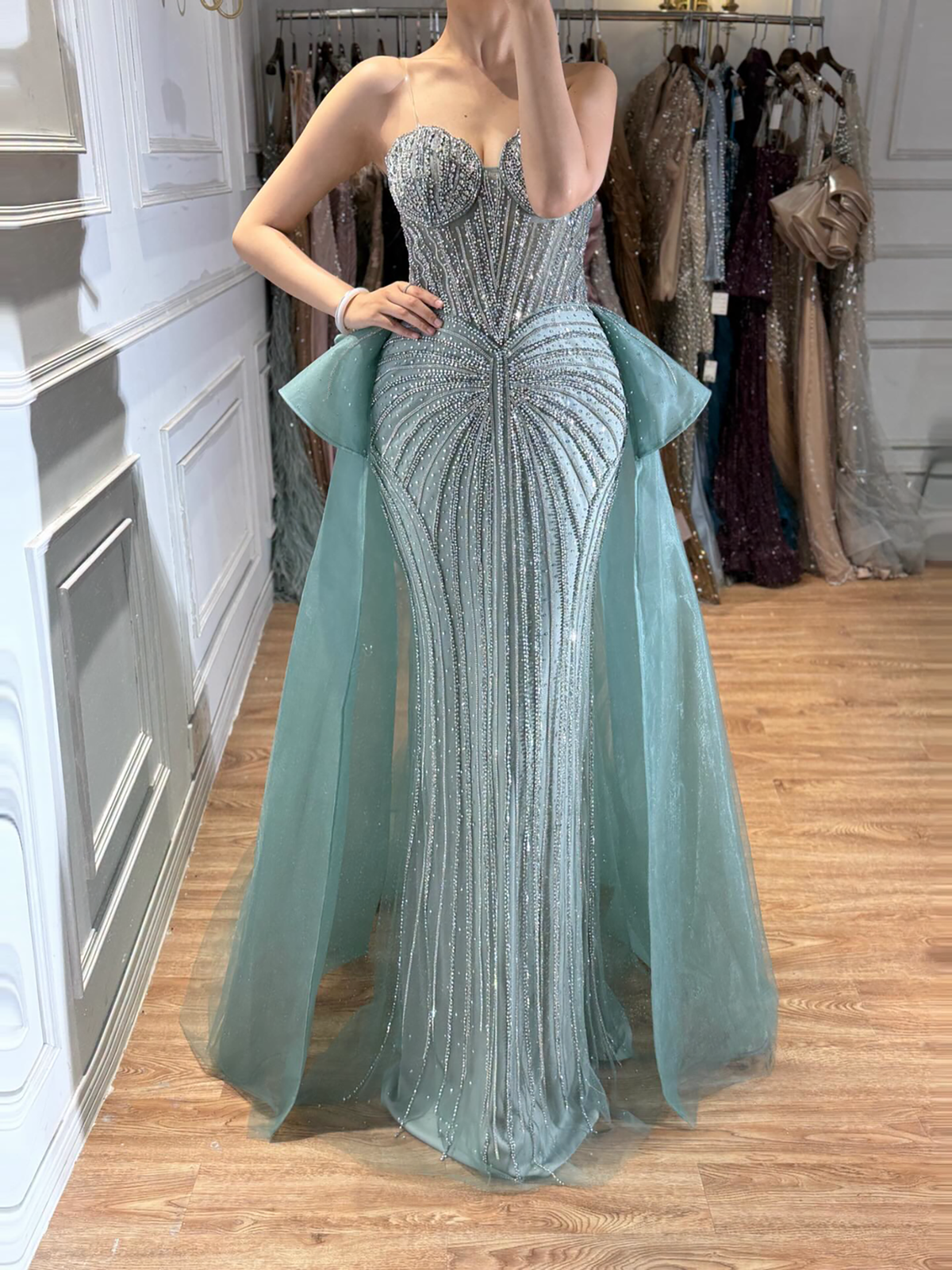 Arabic Luxury Beaded Strapless Mermaid With Overskirt Evening Dress CLA73474