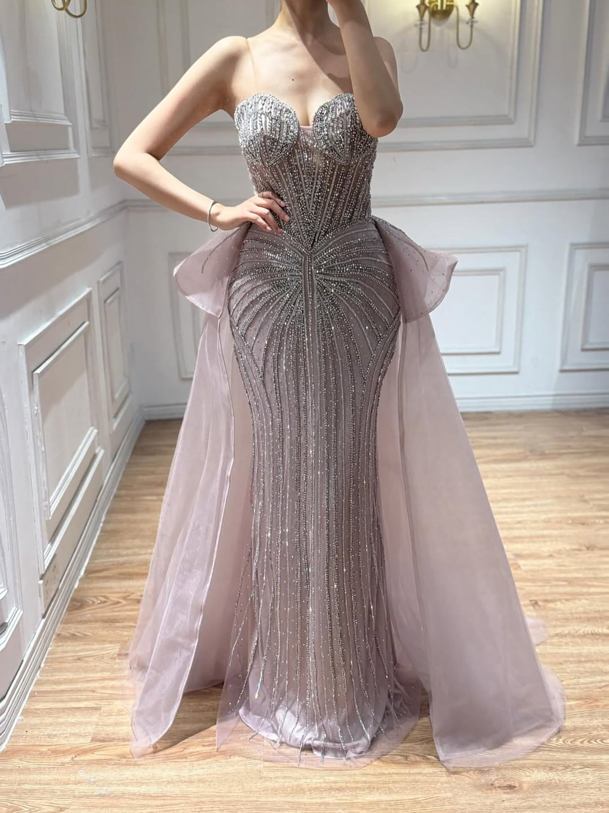 Arabic Luxury Beaded Strapless Mermaid With Overskirt Evening Dress CLA73474