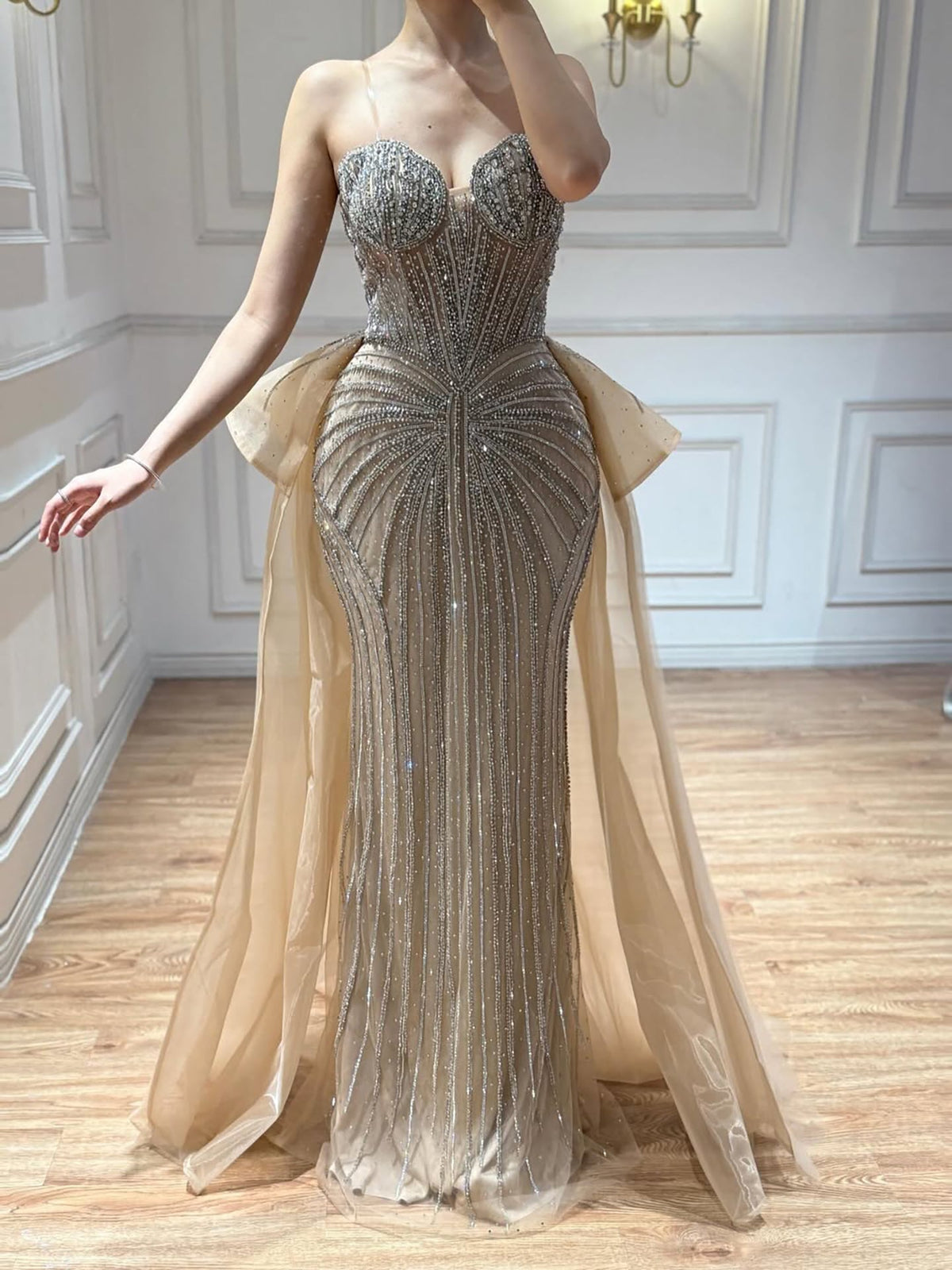 Arabic Luxury Beaded Strapless Mermaid With Overskirt Evening Dress CLA73474