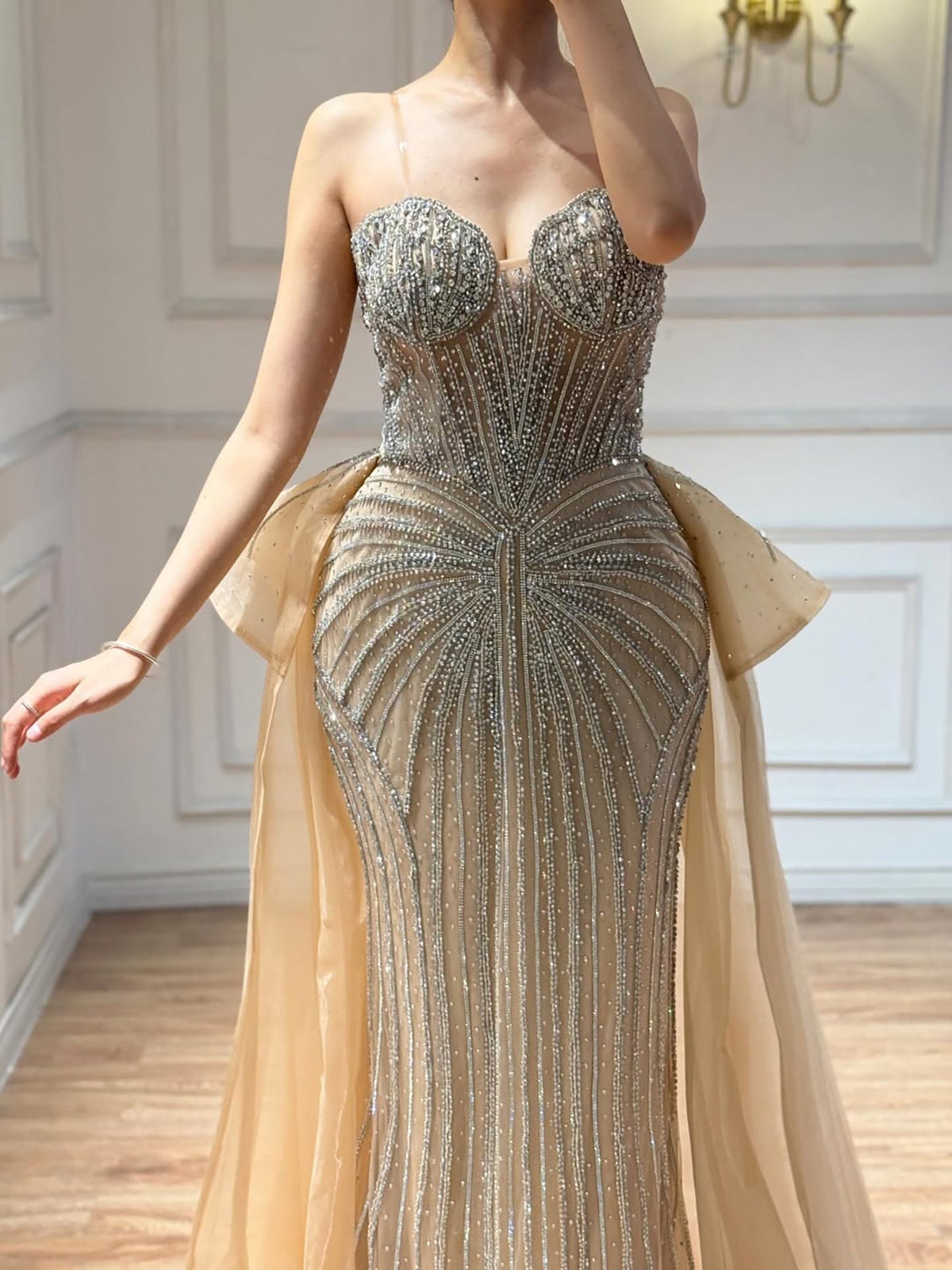 Arabic Luxury Beaded Strapless Mermaid With Overskirt Evening Dress CLA73474