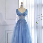 Arabic Luxury Beaded A-Line V-Neck Cape Sleeves Evening Dress CLA73476