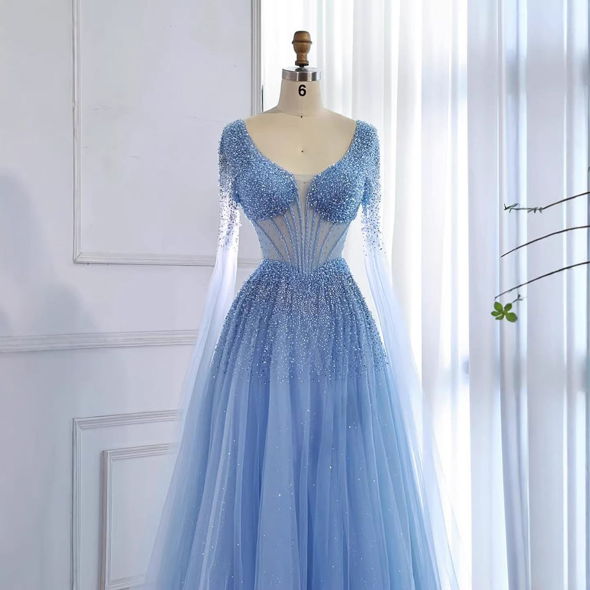 Arabic Luxury Beaded A-Line V-Neck Cape Sleeves Evening Dress CLA73476