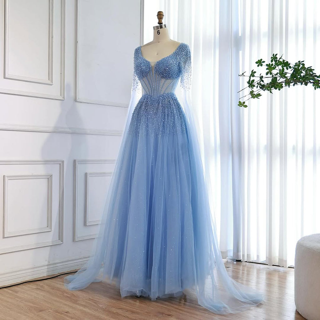 Arabic Luxury Beaded A-Line V-Neck Cape Sleeves Evening Dress CLA73476