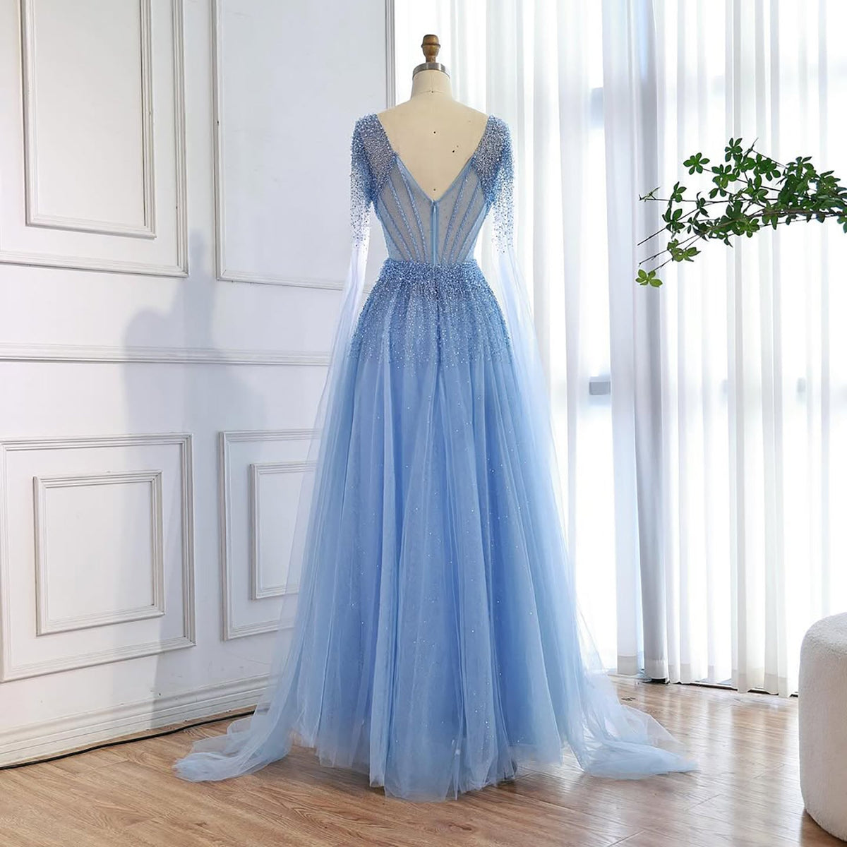 Arabic Luxury Beaded A-Line V-Neck Cape Sleeves Evening Dress CLA73476