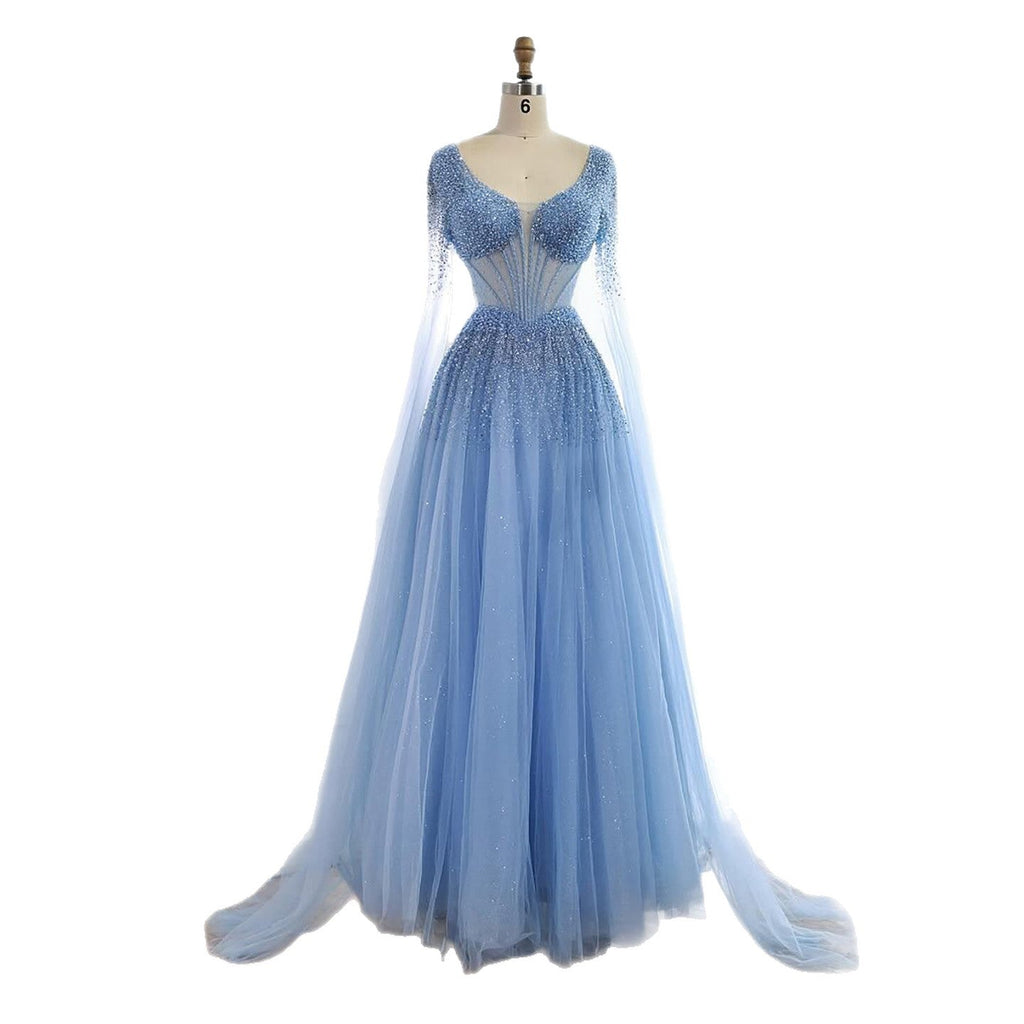 Arabic Luxury Beaded A-Line V-Neck Cape Sleeves Evening Dress CLA73476