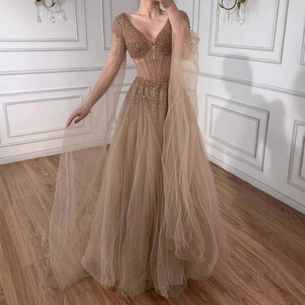 Arabic Luxury Beaded A-Line V-Neck Cape Sleeves Evening Dress CLA73476