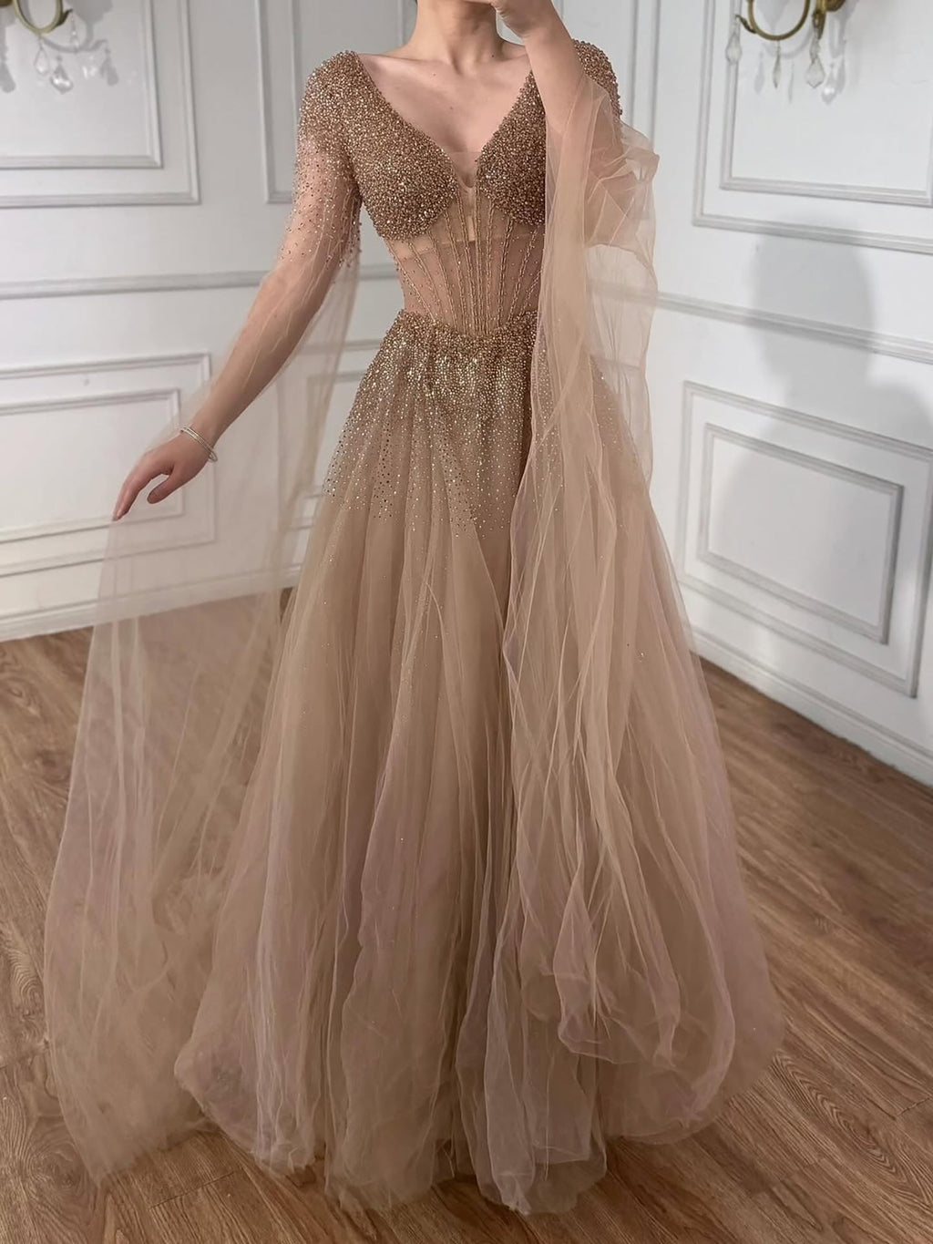 Arabic Luxury Beaded A-Line V-Neck Cape Sleeves Evening Dress CLA73476