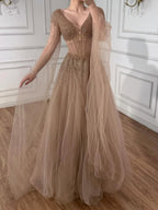 Arabic Luxury Beaded A-Line V-Neck Cape Sleeves Evening Dress CLA73476