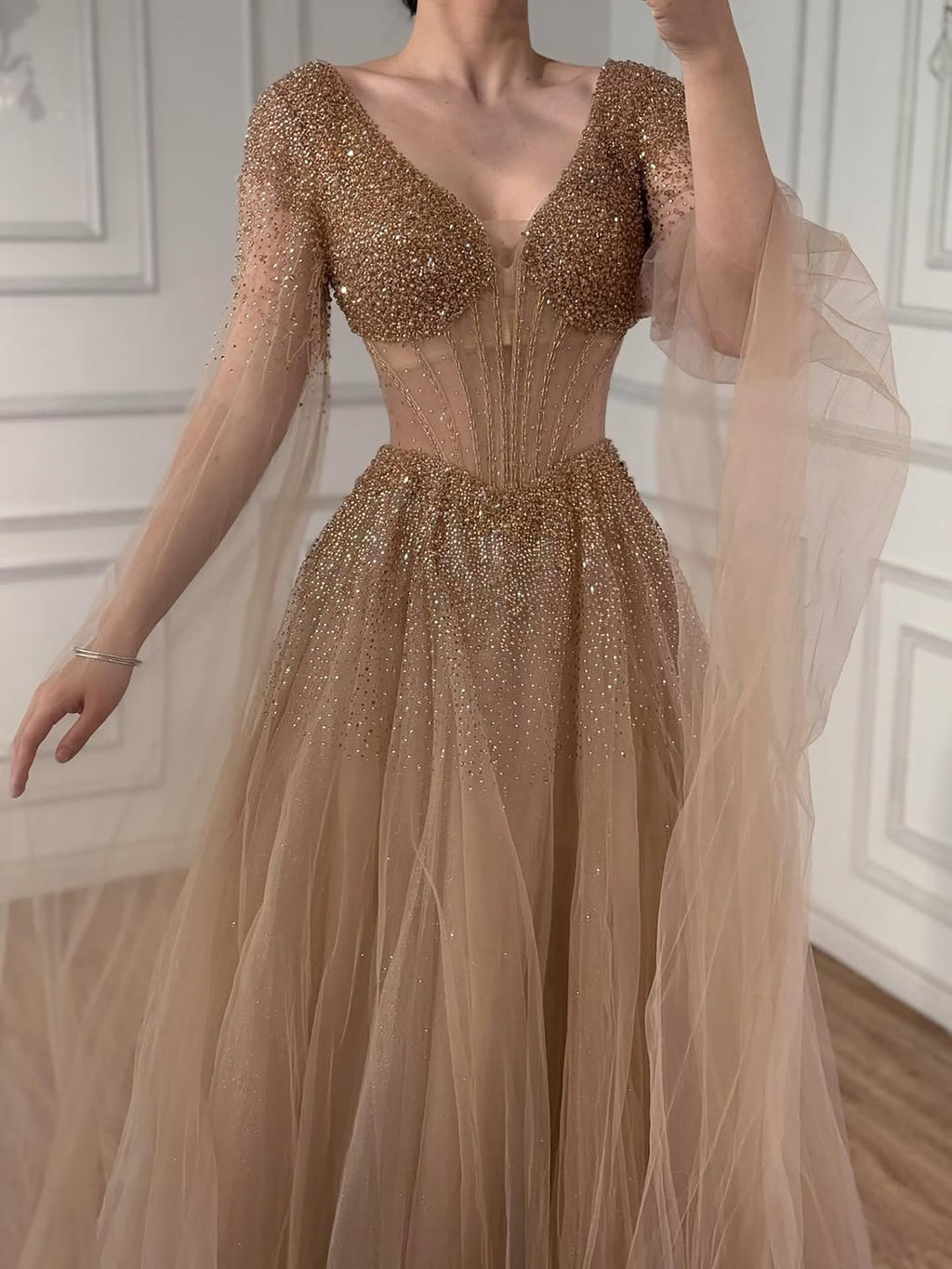 Arabic Luxury Beaded A-Line V-Neck Cape Sleeves Evening Dress CLA73476