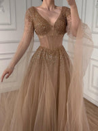 Arabic Luxury Beaded A-Line V-Neck Cape Sleeves Evening Dress CLA73476