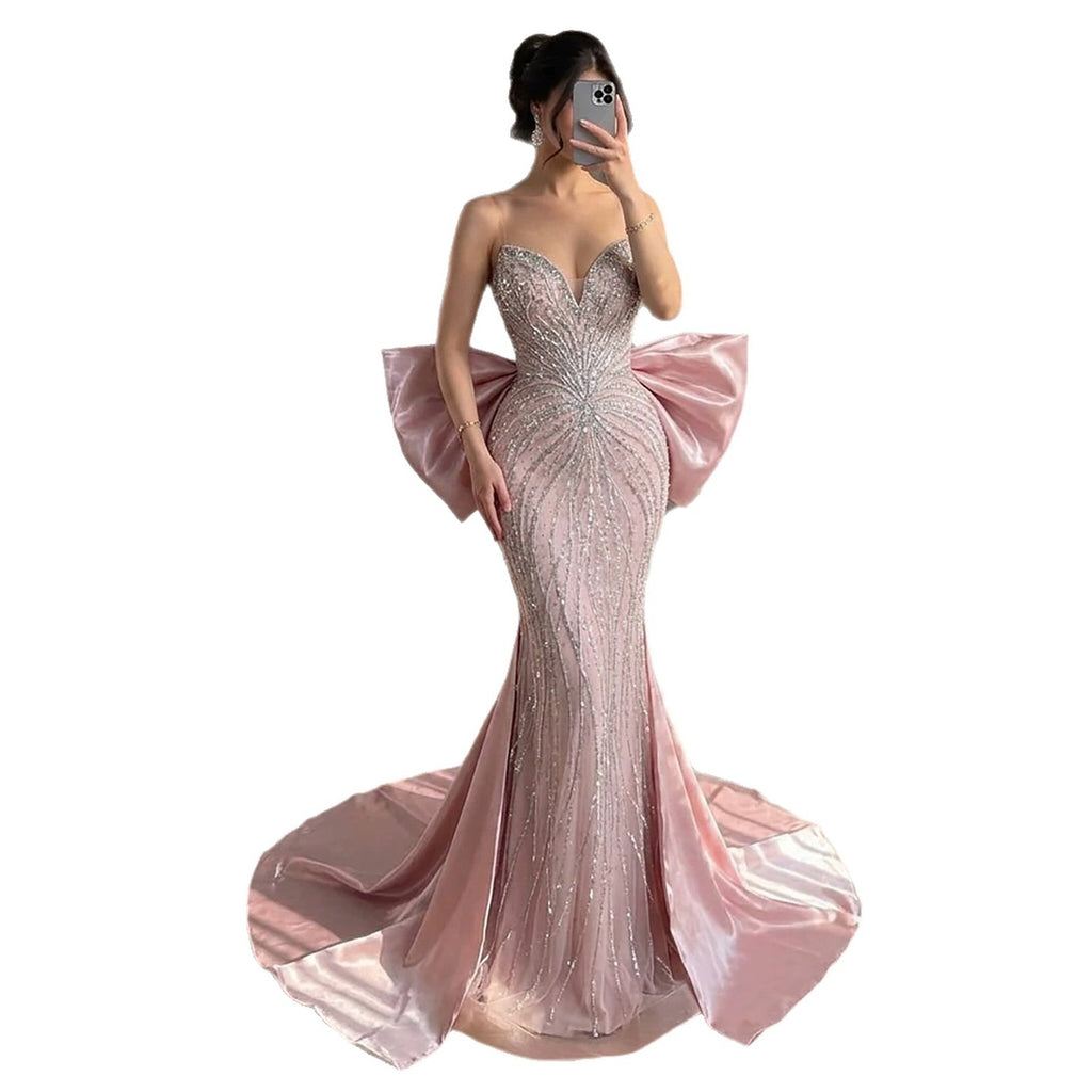 Luxury Pink Crystal Beaded Mermaid Evening Dress CLA73479