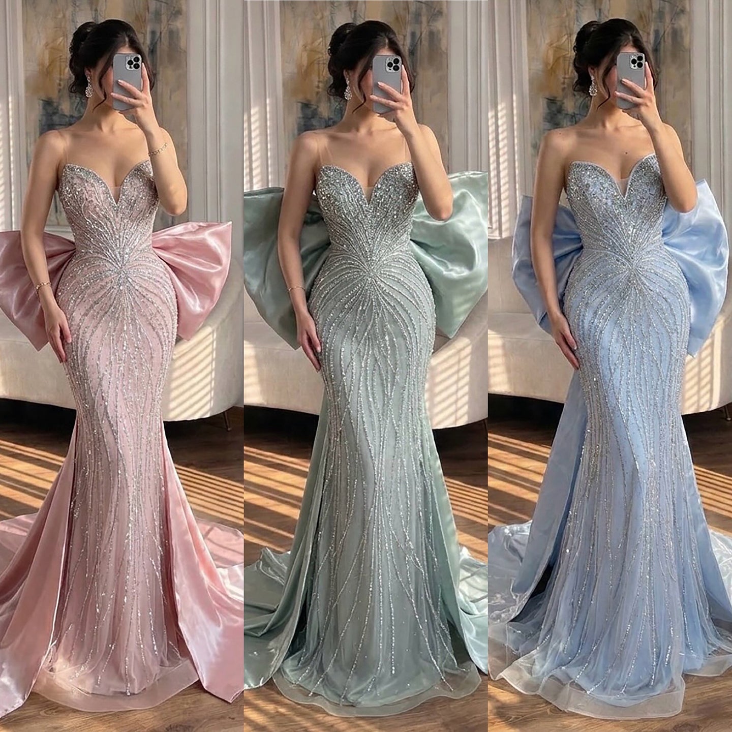 Luxury Pink Crystal Beaded Mermaid Evening Dress CLA73479