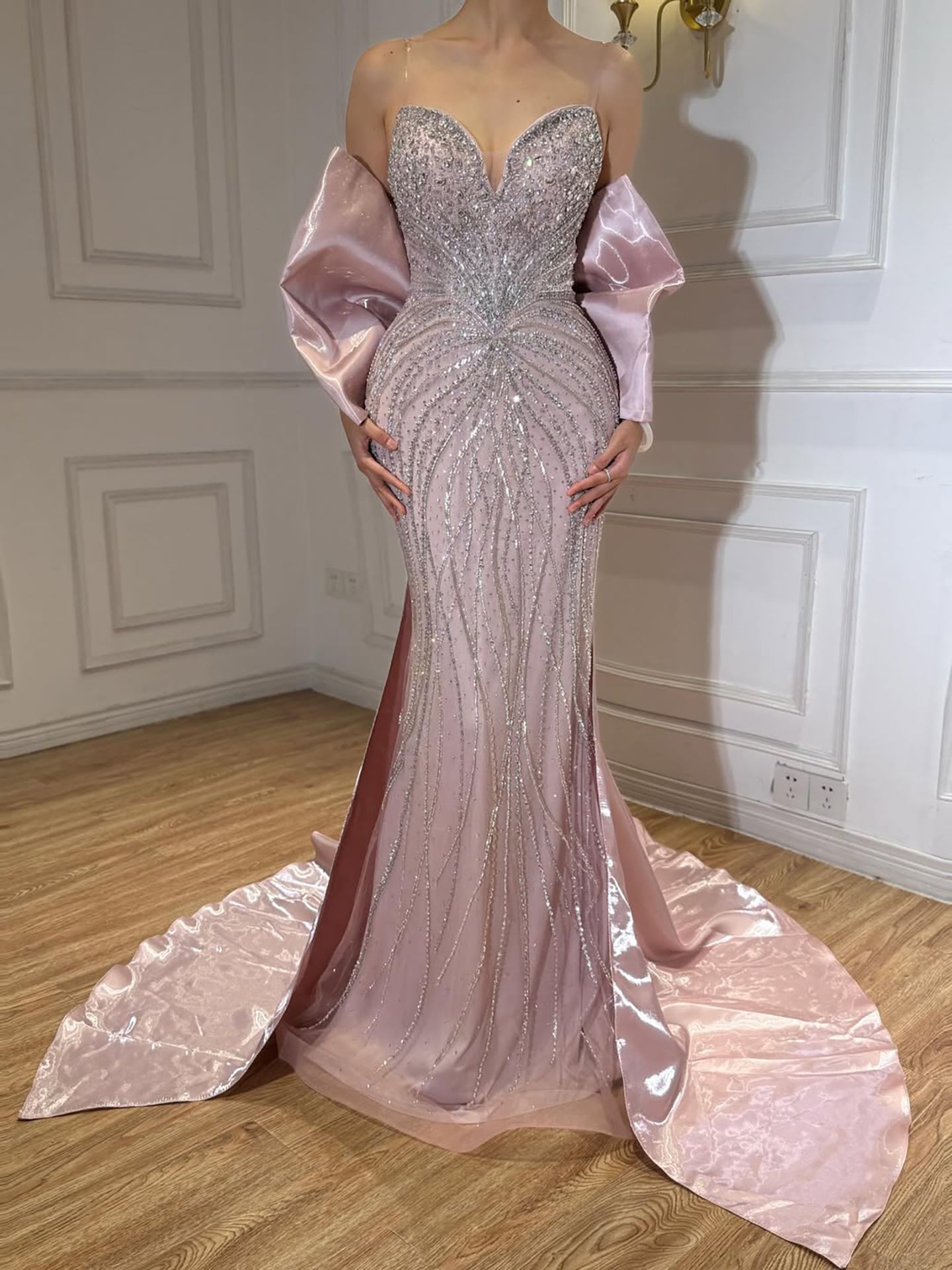 Luxury Pink Crystal Beaded Mermaid Evening Dress CLA73479