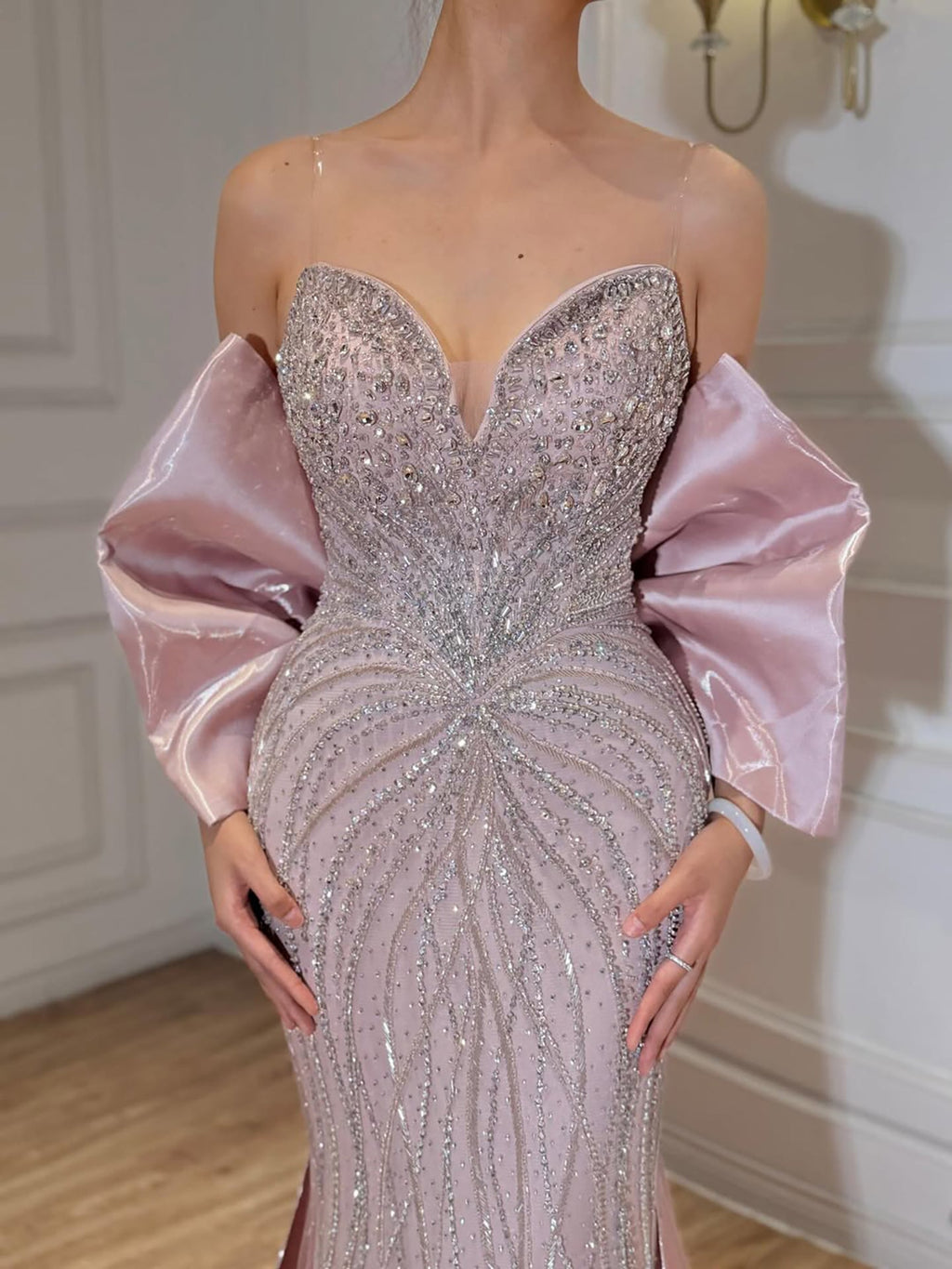 Luxury Pink Crystal Beaded Mermaid Evening Dress CLA73479