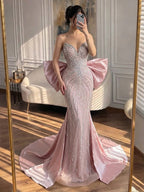Luxury Pink Crystal Beaded Mermaid Evening Dress CLA73479