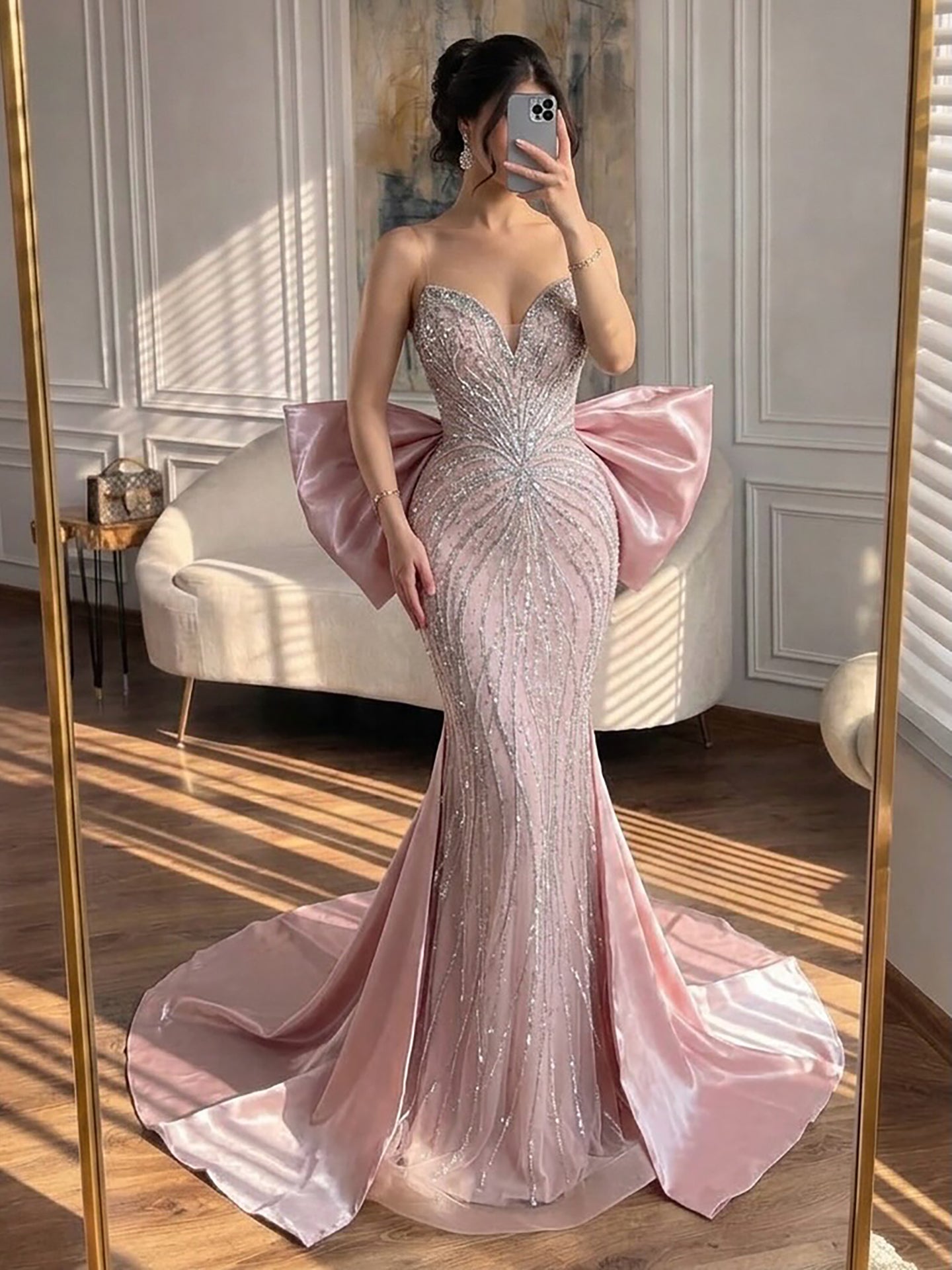 Luxury Pink Crystal Beaded Mermaid Evening Dress CLA73479