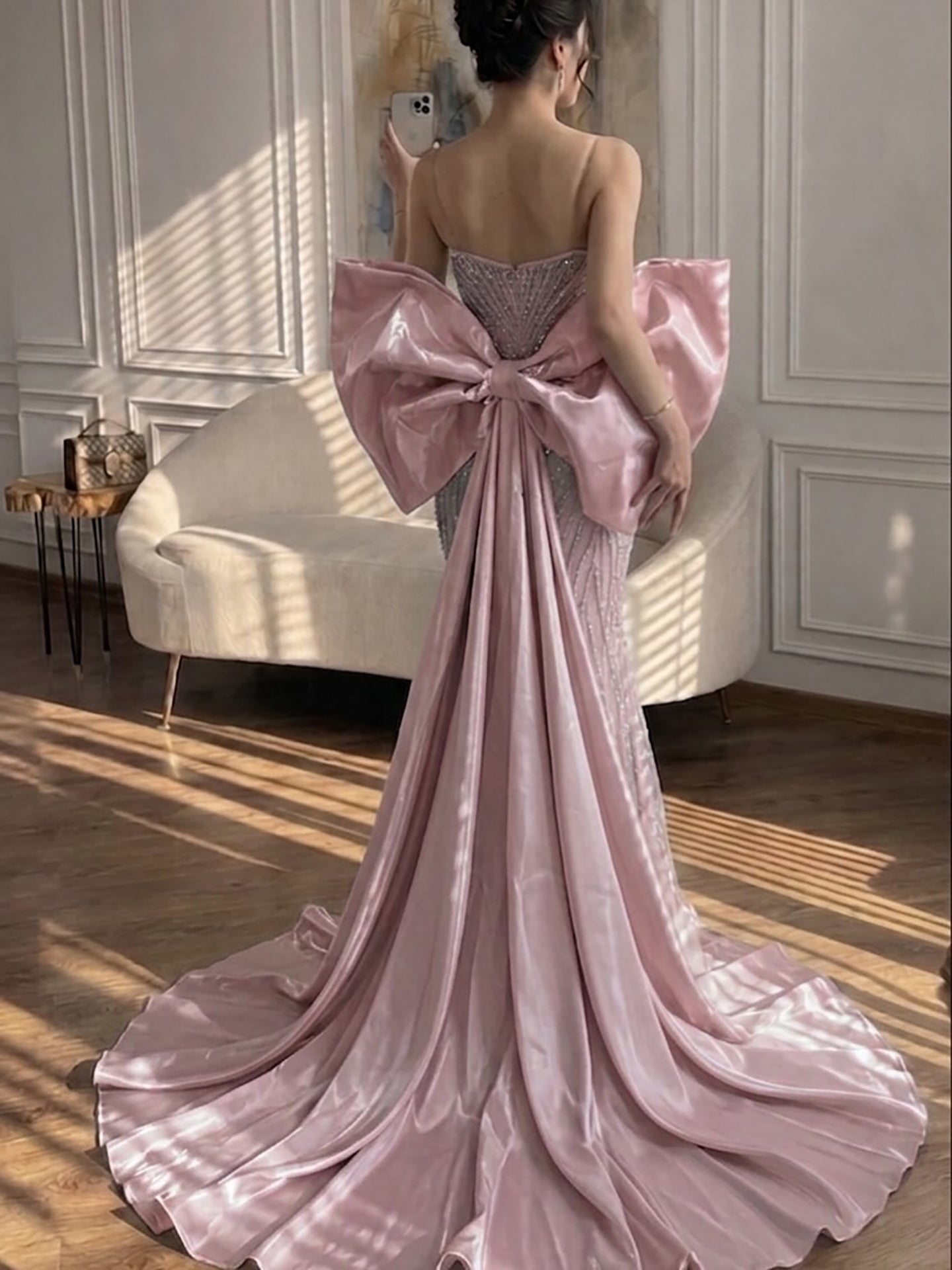 Luxury Pink Crystal Beaded Mermaid Evening Dress CLA73479