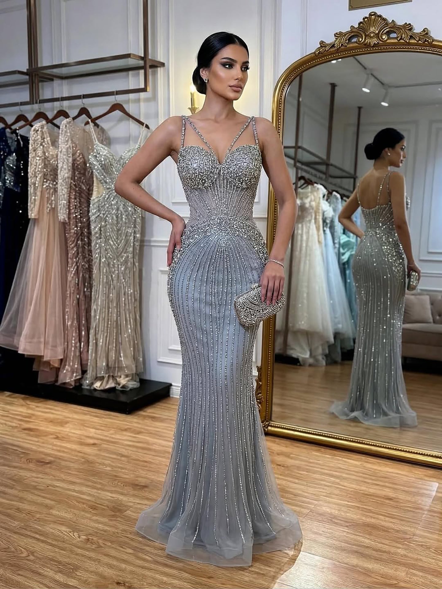 Luxury Purple Beaded Spaghetti Straps Sexy Mermaid Evening Dress For Women Fashion GaCLA CLA73480