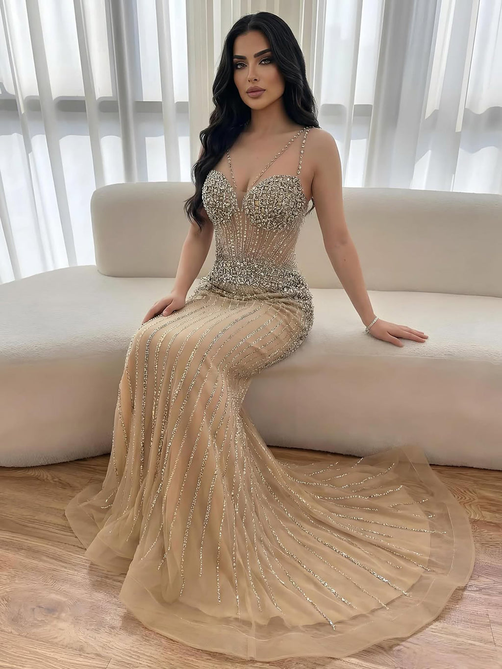 Luxury Purple Beaded Spaghetti Straps Sexy Mermaid Evening Dress For Women Fashion Gala CLA73480