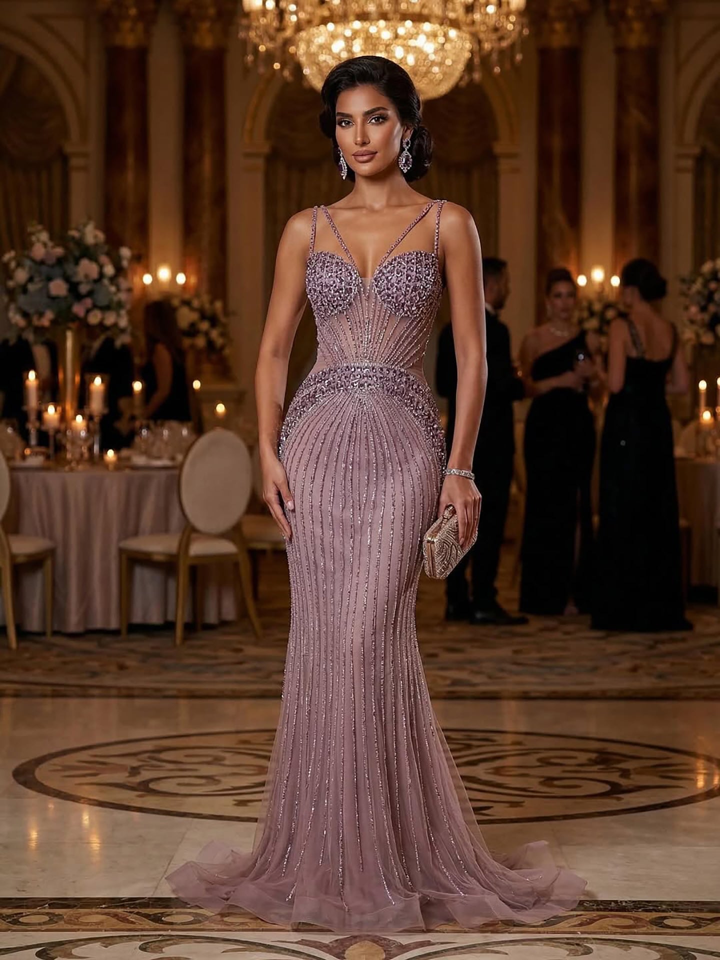 Luxury Purple Beaded Spaghetti Straps Sexy Mermaid Evening Dress For Women Fashion GaCLA CLA73480