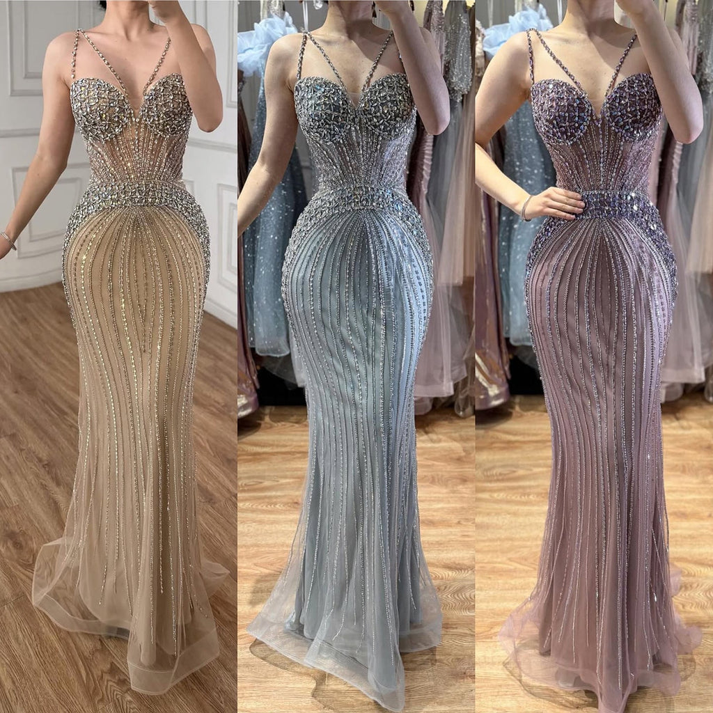 Luxury Purple Beaded Spaghetti Straps Sexy Mermaid Evening Dress For Women Fashion GaCLA CLA73480