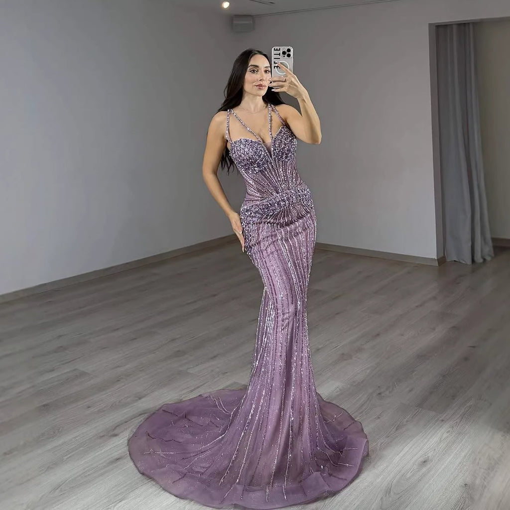 Luxury Purple Beaded Spaghetti Straps Sexy Mermaid Evening Dress For Women Fashion Gala CLA73480