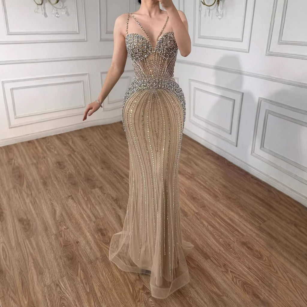 Luxury Purple Beaded Spaghetti Straps Sexy Mermaid Evening Dress For Women Fashion Gala CLA73480