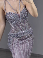 Luxury Purple Beaded Spaghetti Straps Sexy Mermaid Evening Dress For Women Fashion Gala CLA73480