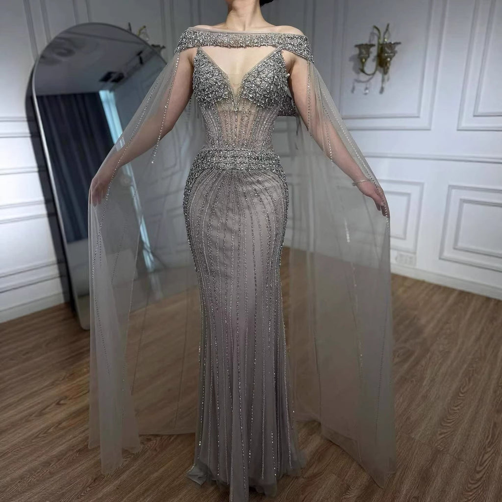 Luxury Caramel Beaded Evening Dress With Cape LA73480A